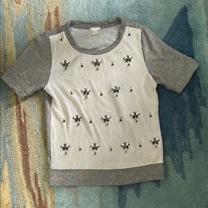 J. Crew Gray and Cream Sequin and Embellished Short Sleeve Tee